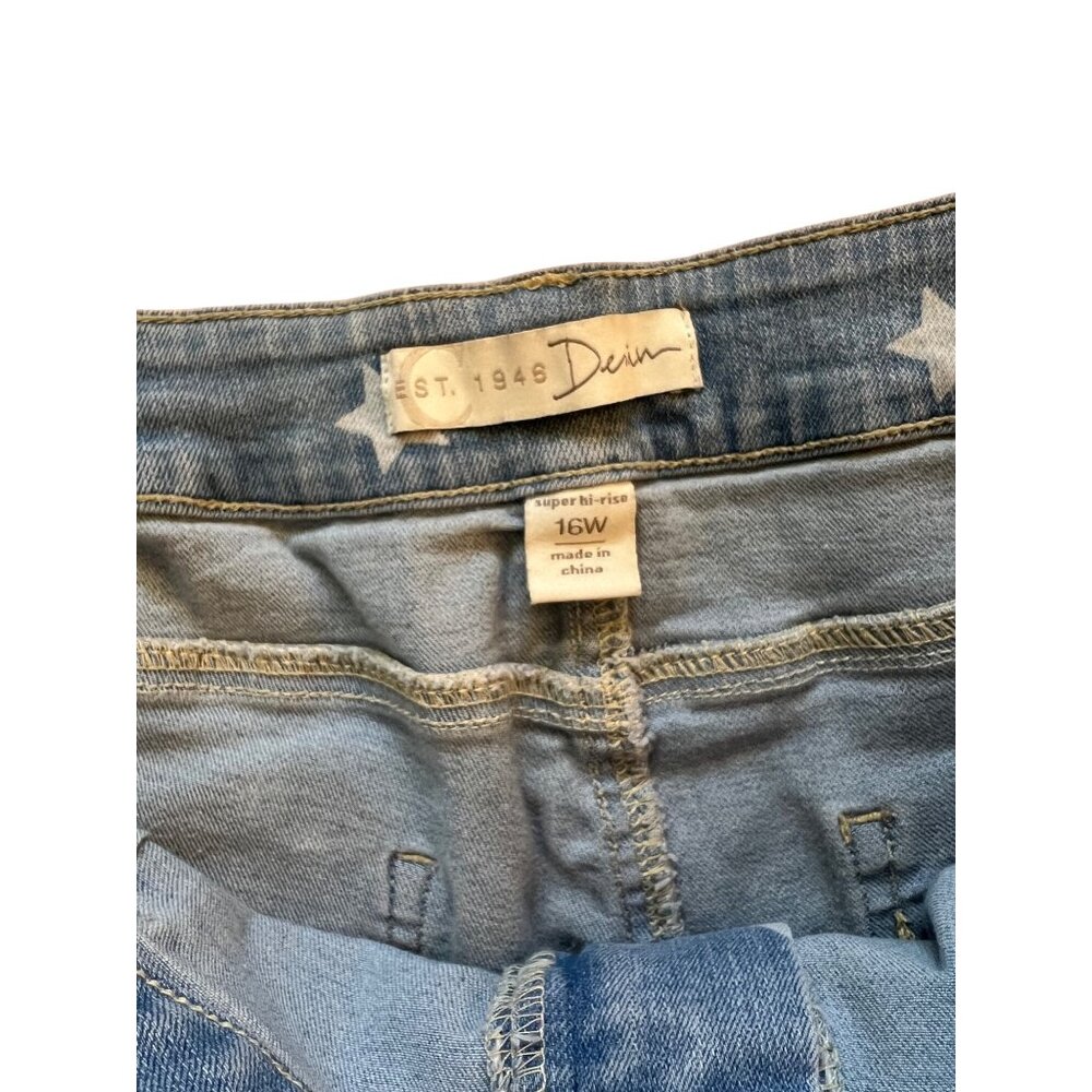 Est. 1946 Denim Star Print Flare Jeans Super Hi-Rise Frayed Hem 16W Blue Y2K EUC - Picture 2 of 8